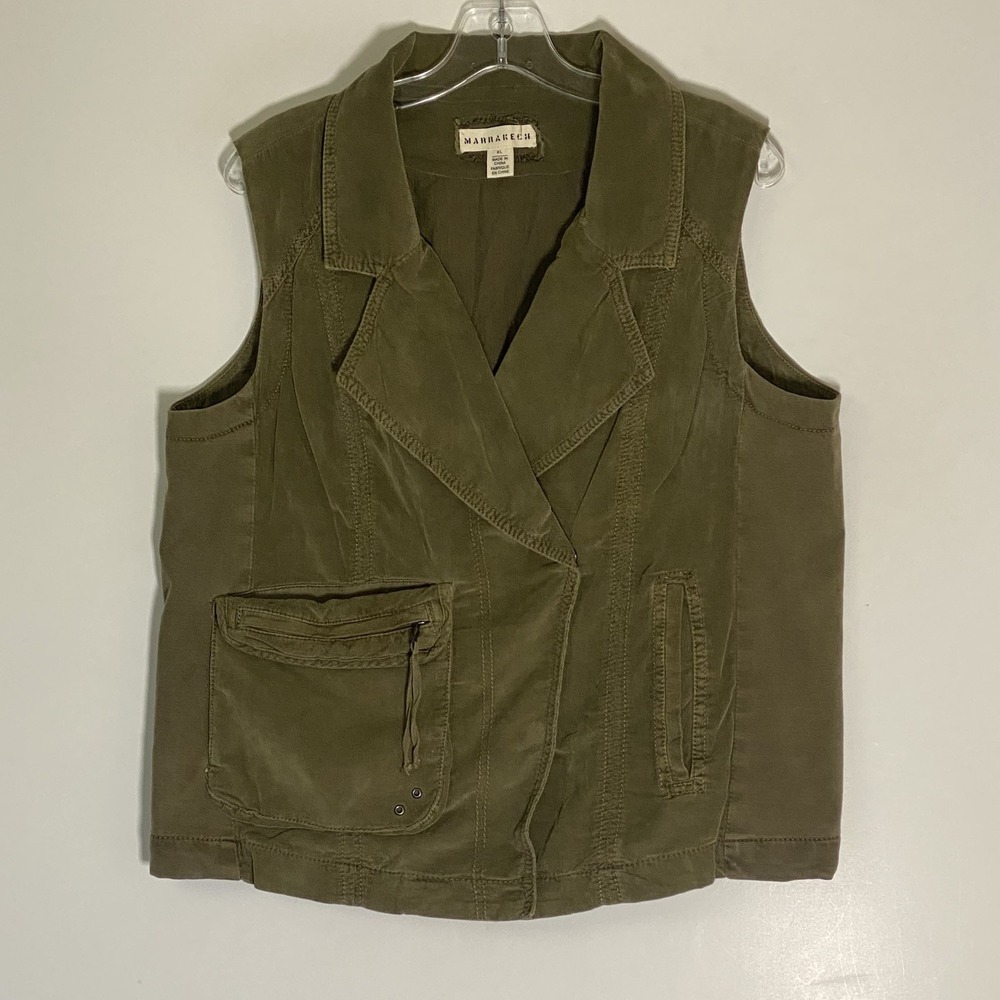 Marrakech Vest Womens XL Army Green Utility Cargo Pocket Cross Snap Anthro Boho